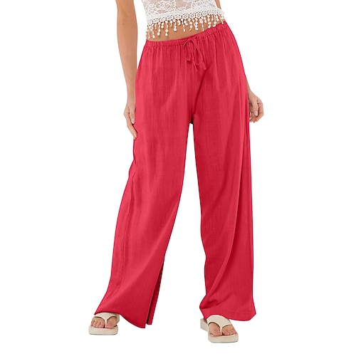 Damen-Sommerhose aus 100 % Baumwolle, lässig, in voller Länge, mit natürlichem Gummibund und elastischem Kordelzug, nicht dehnbar, in Milchweiß, Karminrot und Dunkelgrün, Cuticolor, Frühling/Herbst Image