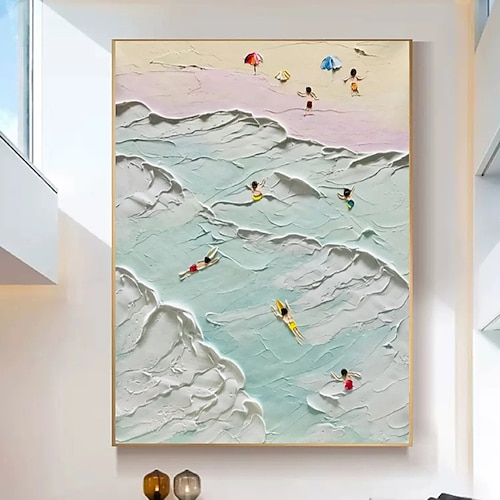 Ölgemälde mit blauen Wellen, Meer, handgemalt, Meereslandschaft, Küsten-Ölgemälde, handgemachte Wandkunst, abstraktes Strand-Meereslandschaftsgemälde auf Leinwand, Wohnzimmer, riesiges extragroßes Image