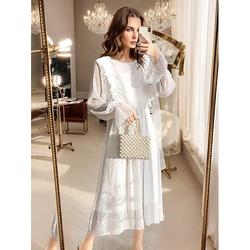 Valentinstag Damen Midikleid Weißes Kleid Chiffon-Kleid Elegant Vintage Laternenärmel Urlaub Arbeit Casual Formschluss Punkt Langarm Rundhalsausschnitt Weiß Frühling Herbst