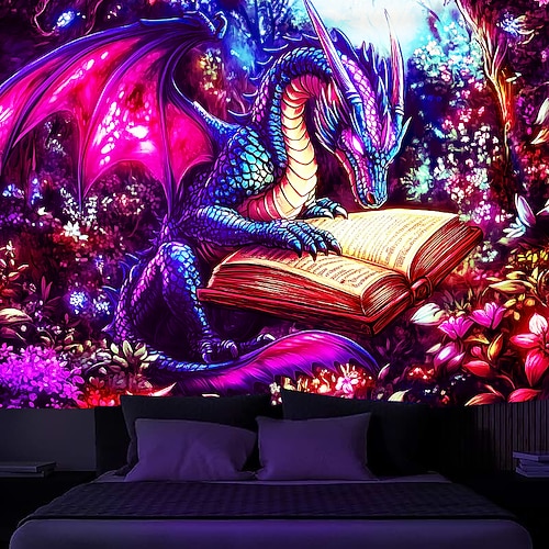 Schwarzlicht Wandteppich Leuchten im Dunkeln Glow Party UV reaktive Drache Tier trippy neblige Natur Landschaft hängendes Wandteppich Wandkunst Wandmalerei für Wohnzimmer Schlafzimmer Image