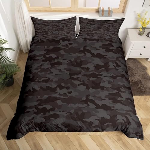 Black Grey Camo Duvet Cover Camouflage Comforter Cover Double Size For Kids Boys Teens Youth Bedroom Abstract Campaign Camo Bedding Set Soft Microfiber Quilt Cover With 2 Pillow Case