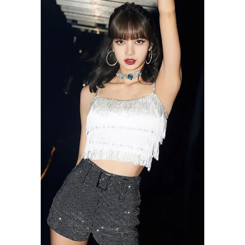 Lisa Kpop Outfit Koreanische Promi Neue Quaste Sexy Ärmellose Weste Tops Schlank Hohe Taille Shorts Shinny Frauen DS DJ Rave Kleidung Image