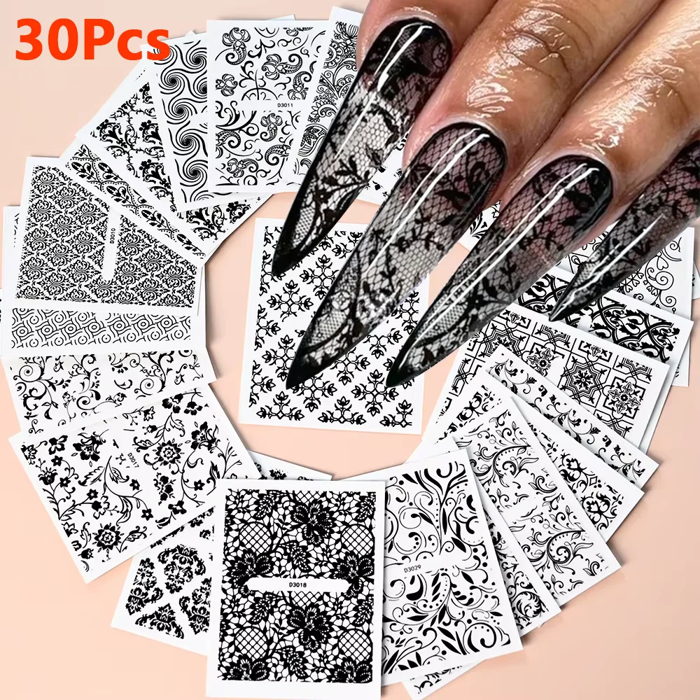 30 Stücke Schwarz/Weiß Spitze Blume Nail art Aufkleber 5,2*6,2 cm Streifen/Linie/Blumen Selbstklebende Slider Hochzeit Luxus Maniküre Aufkleber Image