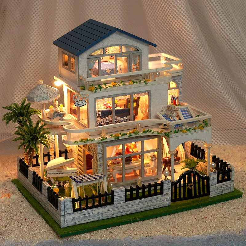 NEUE DIY Holz Mini Meer Villa Miniatur Bausätze Puppenhäuser mit Möbeln Casa Puppenhäuser für Freunde Geburtstagsgeschenke