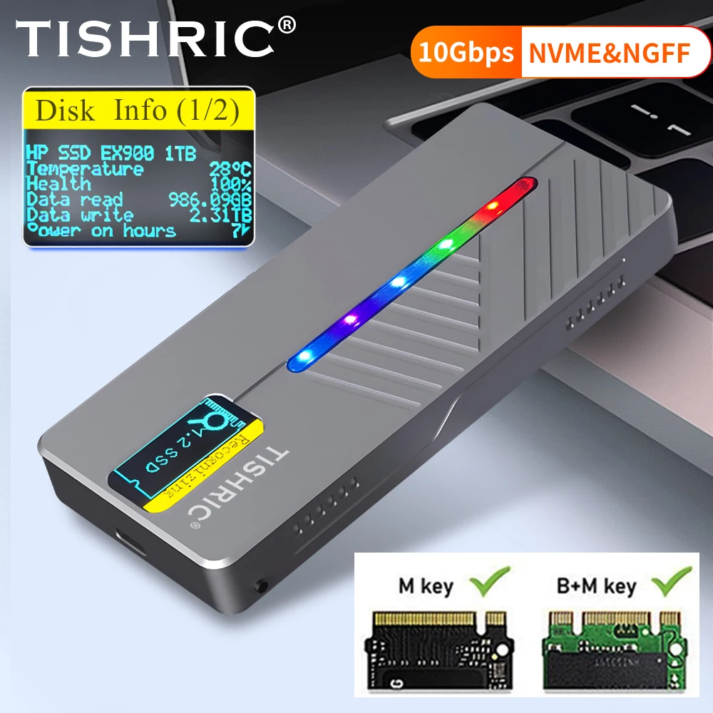 TISHRIC 10 Gbit/s RGB M/B+M Schlüssel SSD M2 NVME NGFF Externes Festplattengehäuse M.2 Typ C HDD-Gehäuse mit Display für Gaming Image