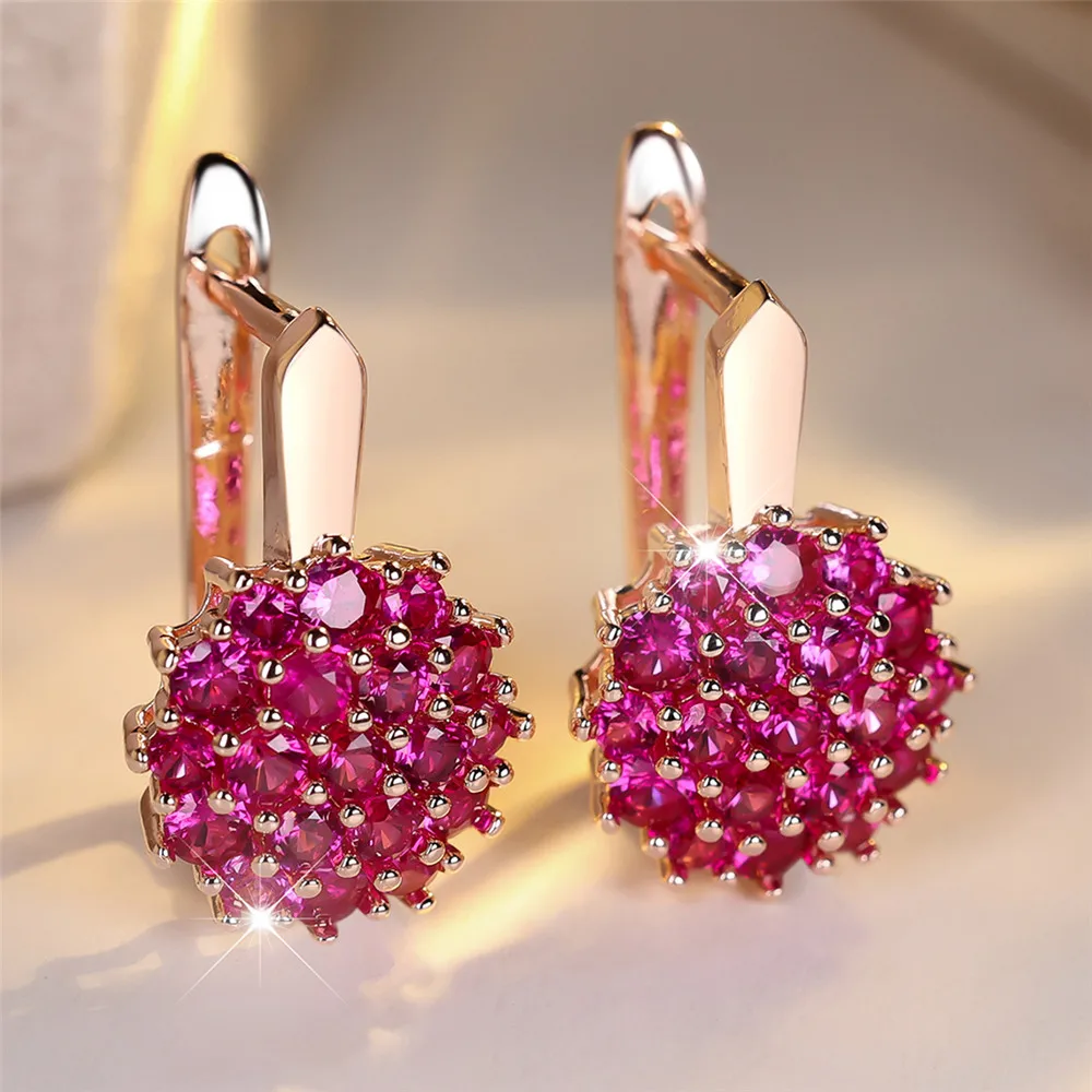 Runde Zirkon Sonnenblume Rose Rot Kristall Creolen Für Frauen Rose Gold Silber Farbe Hochzeit Blume Schmuck Verlobungsgeschenk