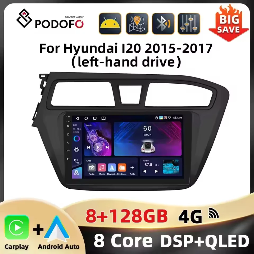 Podofo 2Din WIFI 4G Car Stereo For Hyundai I20 2015-2017 Multimedia Player AI Voice 8Core Carplay Android Auto DSP GPS Car Audio Image