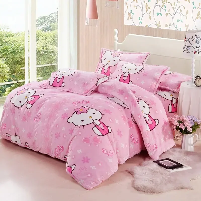 Sanrio Hallo Kitty Bettwäsche Set Flanell Bettbezug Baby Kissenbezug Blätter Winter Cartoon Korallen Fleece Mädchen Tröster Bettdecke Image