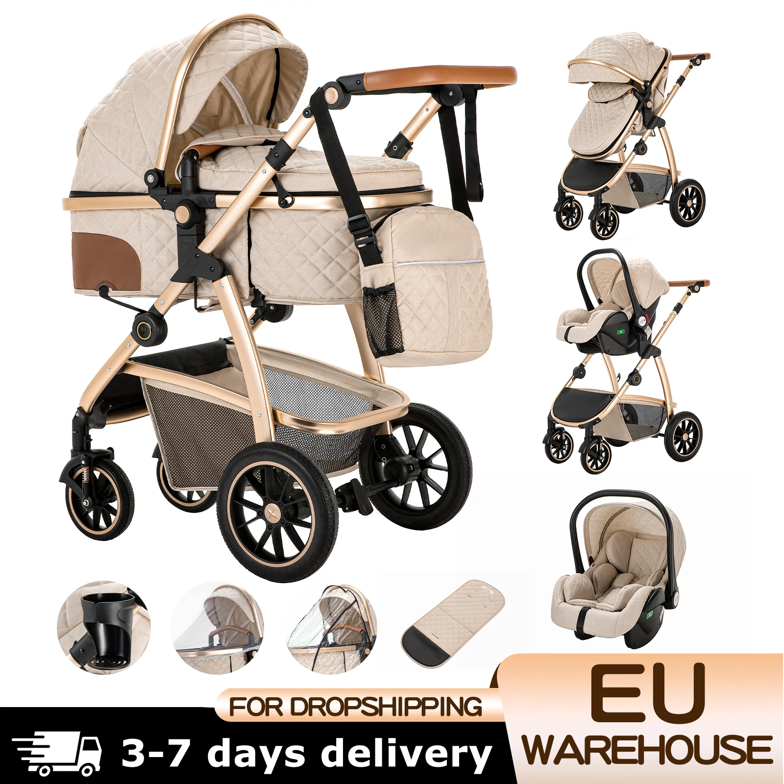 3-in-1-Babykinderwagen, Kinderwagen mit hoher Landschaft, verstellbarer Griff, Reise-Kinderwagen mit Moskitonetz, Kinderwagen, Aluminiumrahmen Image