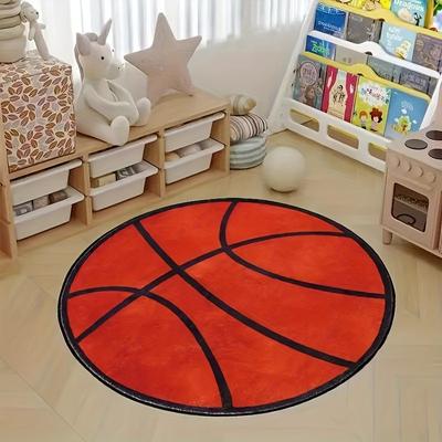 TEMU 1pc Thickened Basketball-themed Round Area Mat - Cozy Plush Polyester, Machine Washable - Ideal For Bedroom, Living Room, Playroom Decor - Soft & Comfortable , Rugs For Bedroom Image