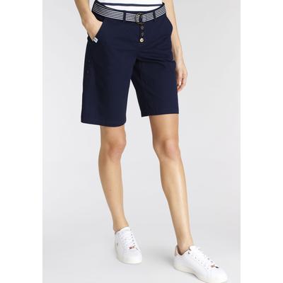 Chinoshorts DELMAO, Damen, Gr. 42, N-Gr, blau (marine), Web, Obermaterial: 98% Baumwolle, 2% Elasthan, unifarben, gestreift, casual, A-Linie kniefrei, Hosen Shorts Strandshorts, zum Krempeln, mit passendem Gürtel Image