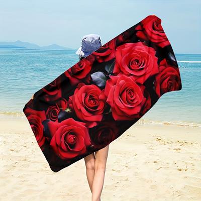 TEMU 1pc Red Rose Print Beach Towel, Couple Outdoor Camping Towel, Girlfriend's Travel Towels, Soft And Lightweight Towel