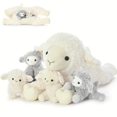 TEMU Maogolan 5pcs Lamb Stuffed Animal Set, Mommy Lamb Plush 20 Inch With 4 Lambs In Her Zippered Tummy, Stuffed Sheep Plushie Toy For Girls Boys And Kids