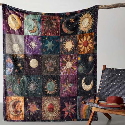 TEMU 1pc Vintage Celestial Print Flannel Blanket - Soft Warm Throw For Sofa Bed Car , With Vibrant Mixed Colors, Comfortable Bedding Image
