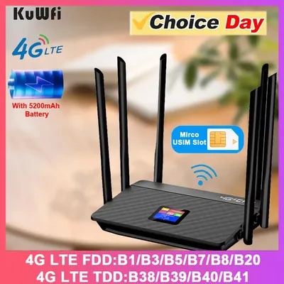 KuWFi 5200 mAh CAT4 4G LTE Router 2,4 G 300 Mbit/s Wireless Wi-Fi Router 6 Stück externe Antennen mit SIM-Kartensteckplatz RJ45 WAN/LAN-Anschluss