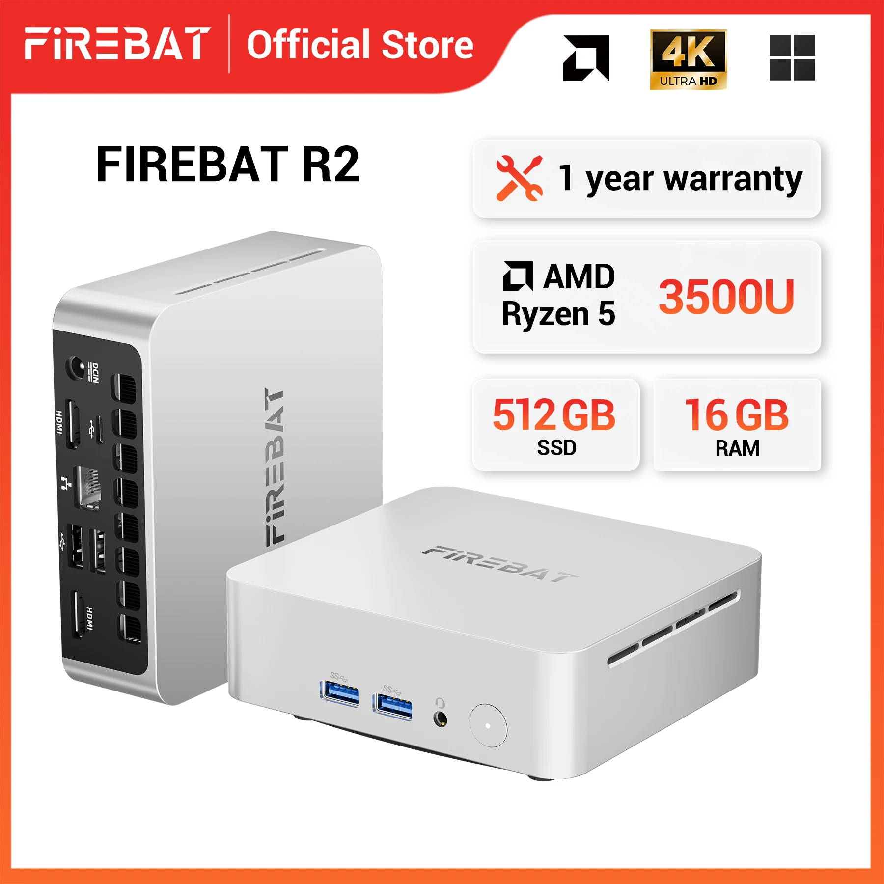 FIREBAT R2 Mini-PC-Gamer AMD Ryzen 5 3500U Windows 11 Mini-PC-Gaming DDR4 16 GB RAM 512 GB SSD WIFI5 BT4.2 Desktop-Computer Minipc Image