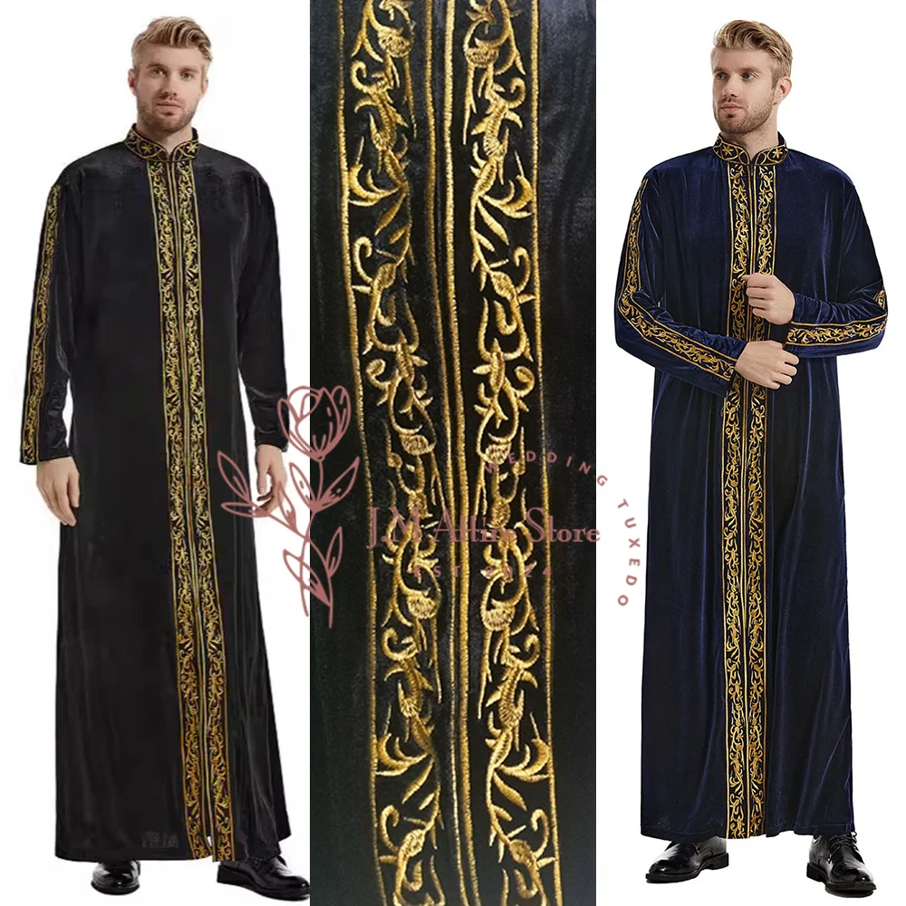 Arabischer Herren-Bademantel aus schwarzem Samt mit goldenem Stickmuster, Premium-Outfit für den Alltag, formelle Veranstaltungen, Hochzeit, Abendessen, Familienfeier Image