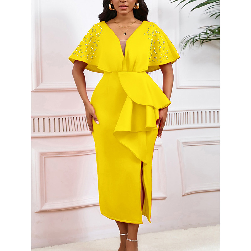 Kentucky DerbyWomen's Midi Dress Bodycon Dress Puff Sleeve Dress Elegant Formal Cocktail Formal Party Wedding Guest Regular Fit Graphic Short Sleeve V Neck Black White Yellow Red Summer