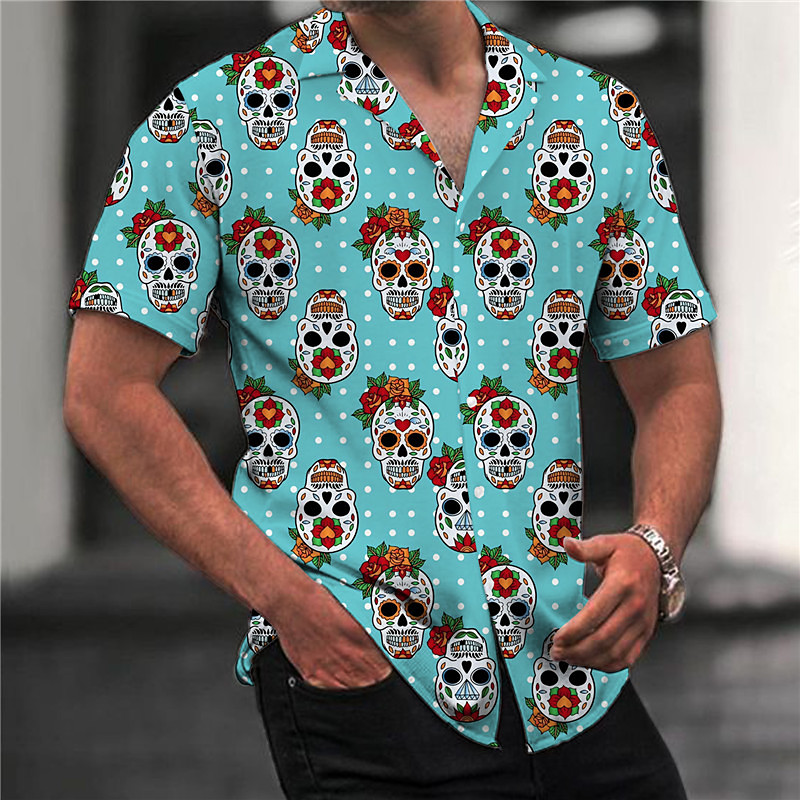Day Of The Dead Mens Graphic Shirt Summer Hawaiian Floral Skull Prints Turndown Black Blue Casual Holiday Short Sleeve Button Clothing Apparel Sugar Skulls And Roses Cotton Button-Down