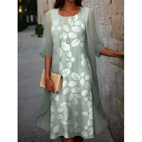 Damen Abschlusskleid Midi Kleid Chiffon Kleid Shift Kleid Elegant Urlaub Geburtstag Formal Hochzeit Hochzeitsgast Lockere Passform Floral Halblange Ärmel Rundhalsausschnitt Grün Sommer Frühling Herbst Image