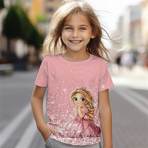 Mädchen 3D Graphic Karikatur T-Shirt Kurzarm Sommer Frühling Modisch Basic kinderkleidung 4-12 Jahre Rundhalsausschnitt Outdoor Casual Täglich Regular Fit Image