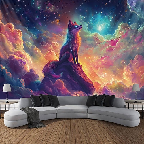 Schwarzlicht Wandteppich Leuchten im Dunkeln Glow Party UV reaktiv trippy neblig Tier Fuchs Natur Landschaft hängende Wandteppich Wandkunst Wandmalerei für Wohnzimmer Schlafzimmer Image