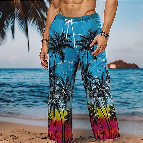 Herren Kokospalme Tropische Pflanzen Hose Baggy-Hosen Freizeithose Mittlere Taille Hawaiianisch Urlaub Ferien Strandbekleidung Kordelzug Elastischer Bund Weites Bein Sommer Frühling 3D-Druck Blau Grün Image