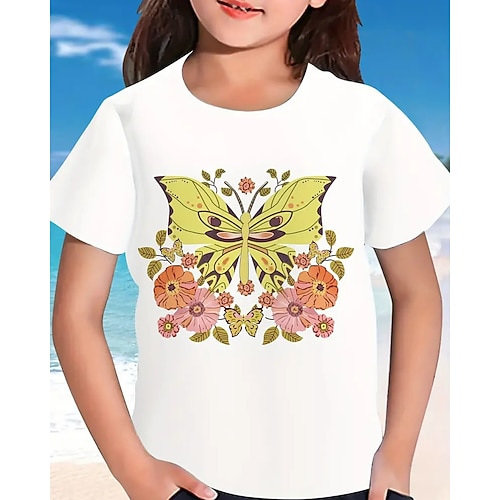 Mädchen 3D Grafik Schmetterling T-Shirt Kurzarm Sommer Frühling Mode Basic Kinder 4-12 Jahre Rundhalsausschnitt Lässig Täglich Outdoor Normale Passform Image