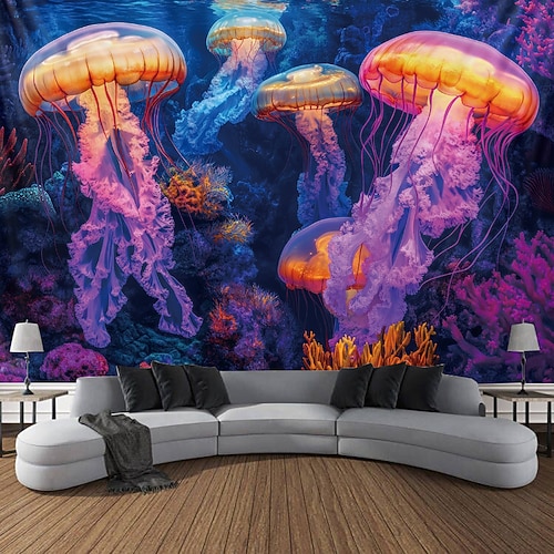 Schwarzlicht Wandteppich Leuchtet im Dunkeln Glow Party UV Reaktiv Quallen Trippy Nebel Natur Landschaft Hängender Wandteppich Wandkunst Wandgemälde für Wohnzimmer Schlafzimmer Image