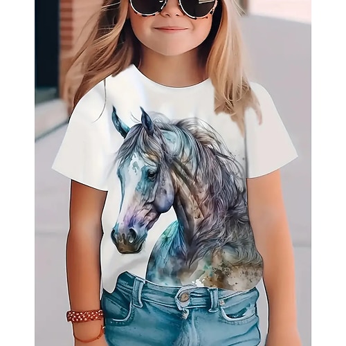 Mädchen 3D Grafik Pferd T-Shirt Kurzarm Sommer Frühling Mode Basic Kinder 4-12 Jahre Rundhalsausschnitt Lässig Täglich Outdoor Normale Passform Image
