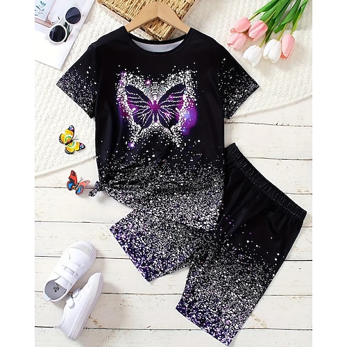Mädchen 3D Grafik Schmetterling T-Shirt Shorts Set Kurzarm Sommer Frühling Sport Mode Täglich Kinder 4-12 Jahre Rundhalsausschnitt Outdoor Urlaub Sport Figurbetonter Schnitt Image