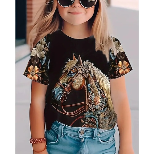 Mädchen 3D Grafik Pferd T-Shirt Kurzarm Sommer Frühling Mode Basic Kinder 4-12 Jahre Rundhalsausschnitt Lässig Täglich Outdoor Normale Passform Image