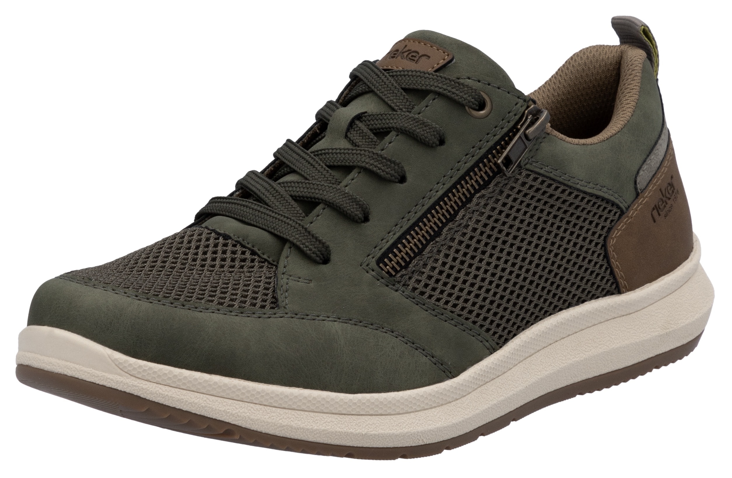 Sneaker RIEKER, Herren, Gr. 43, grün (oliv, braun), Lederimitat, Textil, Schuhe, Halbschuh, Freizeitschuh, Schnürschuh mit seitlichem Reißverschluss
