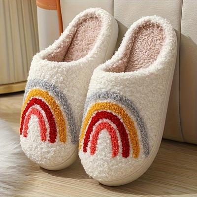TEMU [ Charm] Winter Slippers For , Non-slip Indoor With & Rainbow Embroidery, Soft Fabric , Image