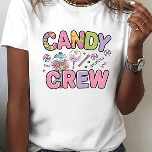 TEMU Women's Casual Polyester T-shirt With Candy Crew Design, Geometric Pattern, Crew Neck, Short Sleeve, Regular Length, Knit Fabric Top - 95% Polyester, 5% Spandex, 180g/m²