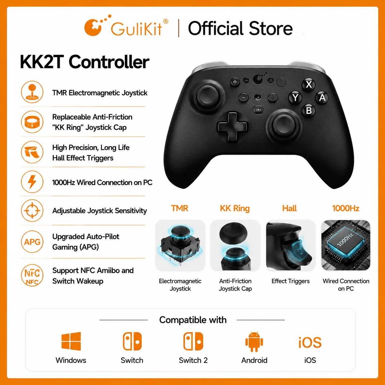 GuliKit KK2T Drahtloser Bluetooth-Gamecontroller mit Anti-Drift-TMR-Magnetjoystick für Windows/Switch 2/Steam Deck/iOS/MacOs Image