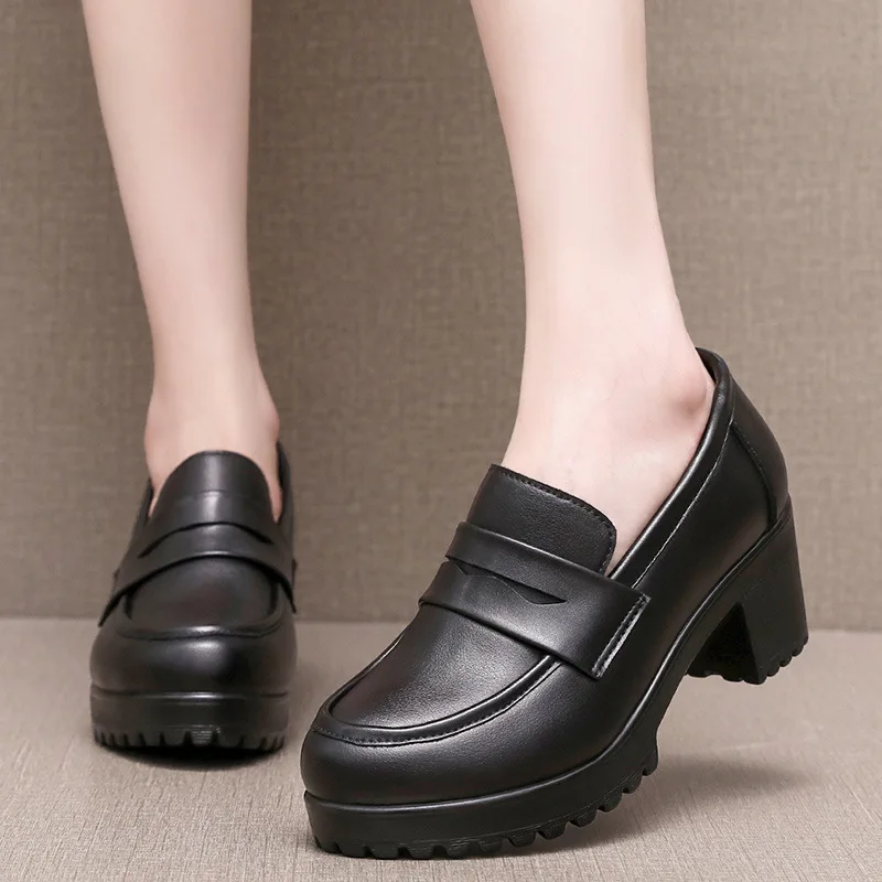 6cm Kleine Größe 32-43 Vintage Rindsleder Loafer Damen Plateau-Pumps 2026 Block Mittelhohe Absätze Schuhe für Büro Mutter Arbeit Alltag