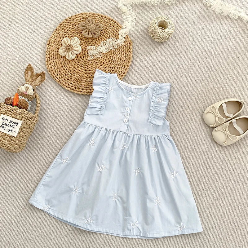 1-6Y Kinder Outfits Sommer Baby Mädchen Baumwolle Prinzessin Kleid Baby Gestickte Schleife Blumen Kleid Kinder Retro Casual Lose Kleider Image