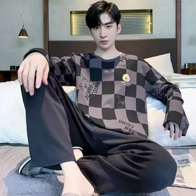 Plus Größe Männer Pyjamas Cartoon Langarm Hosen Student Nachtwäsche Loungewear Zwei-Stück Set Rundhals Gestreiften Homewear Image
