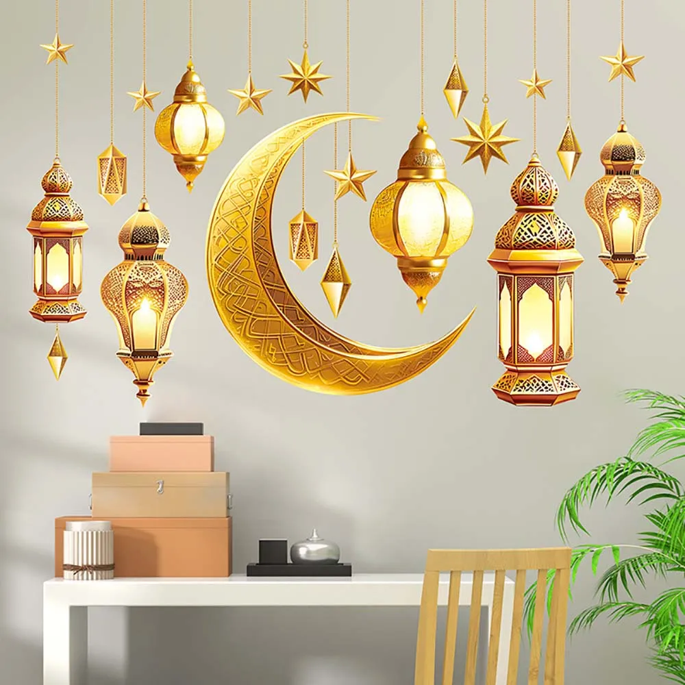 Eid Mubarak Mond Stern Laterne Wandtattoo 2025, Ramadan Kareem Dekorationen, Zuhause, Wand, Fensteraufkleber, muslimisches islamisches Partyzubehör