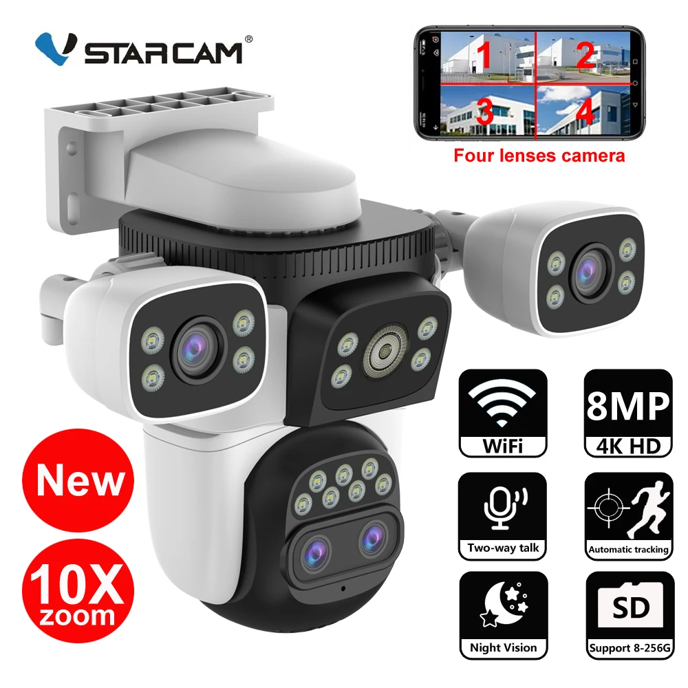 Vstarcam 8MP 4K 10X Zoom WIFI IP Kamera 4 Objektiv 4 Bildschirme Im Freien Wasserdichte Smart Tracking PTZ Kamera Video Überwachung Kamera Image
