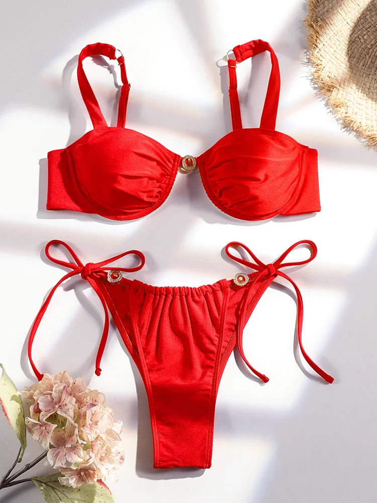 2025 neue Push-Up Bikinis Sexy String Badeanzug Rot Bademode Frauen Badeanzug Sommer Beachwear Ringe Bandage Bikini Set Image