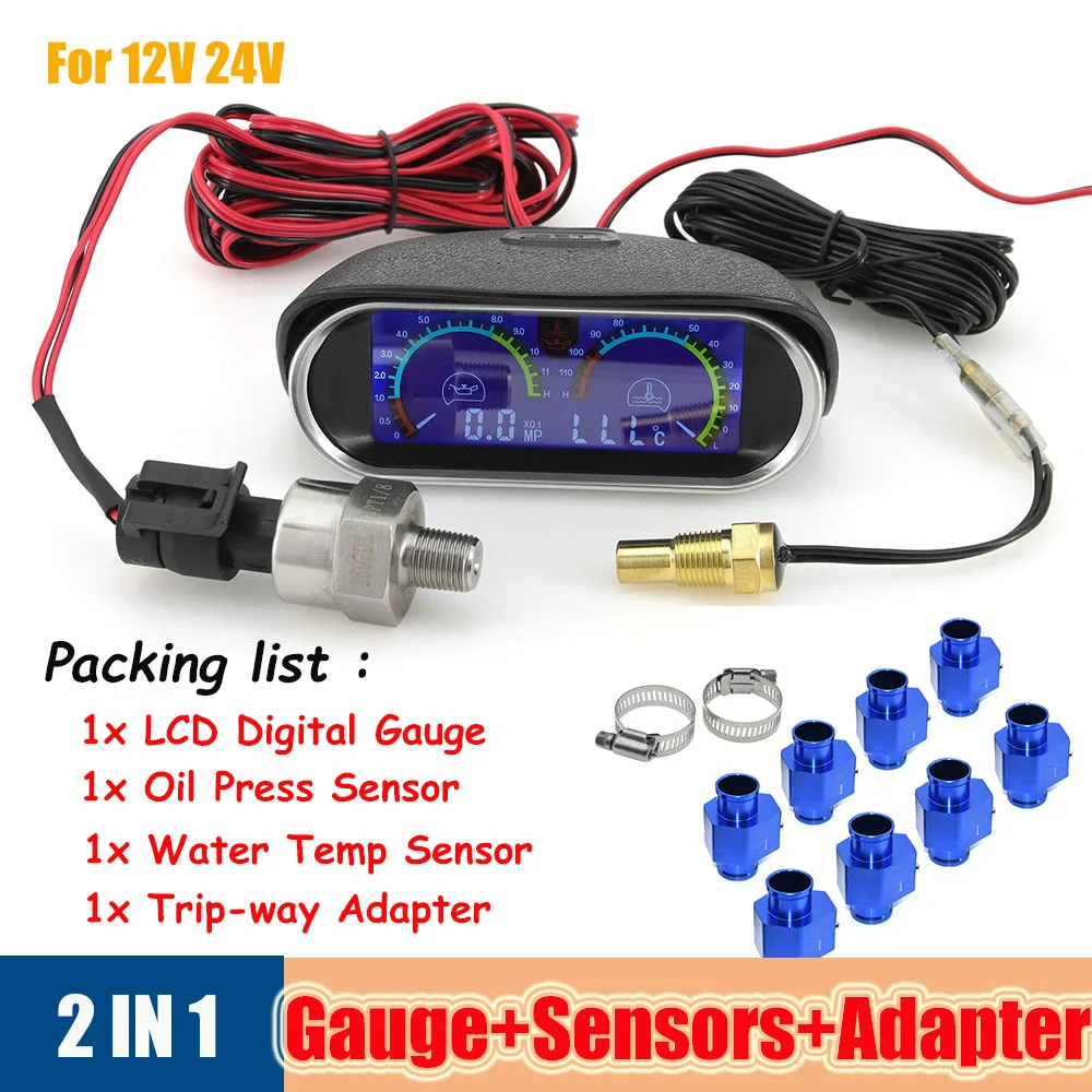12 V/24 V Universal 2 Funktionen Temperatur-/Öldruckmessgerät mit Auslösungsadapter Kühler 26 mm-40 mm Sensor 1/8 NPT für Autos Image