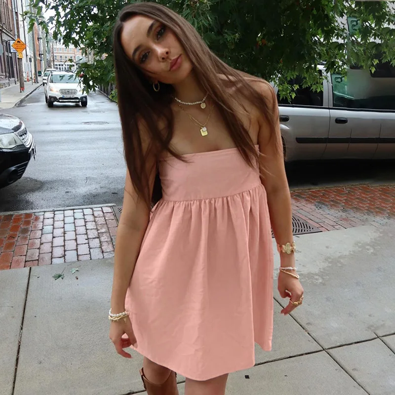 Süße A-Linie Kleider Frauen Sommer neue rosa sexy ärmellose schulter freie Kleid Mode schlanke Club lässig elegante Party Lady Kleid