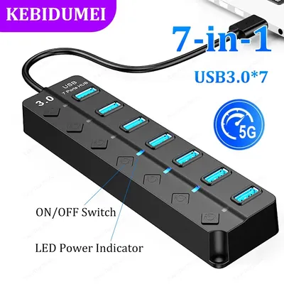 7 Ports USB 3.0 Hub USB Docking Station Extender 5 Gbit/s Hochgeschwindigkeitsübertragung USB Splitter mit EIN/AUS-Schalter für Laptop MacBook Image
