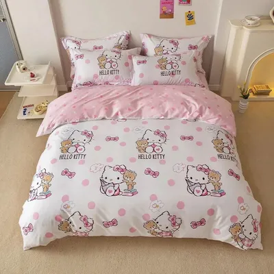 Hello Kitty Bettbezug, Bettwäsche-Set, Bettbezug mit Kissenbezug, Einzelbett, King-Size-Bett, Queen-Size-Bett, Heimtextilien, Kinder-Schlafzimmer-Dekoration