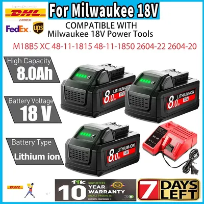 For Milwaukee M18 Battery 8000mAh 18V Rechargeable Battery For Milwaukee Tool M18B5 XC 48-11-2402 48-11-2411 2604-22