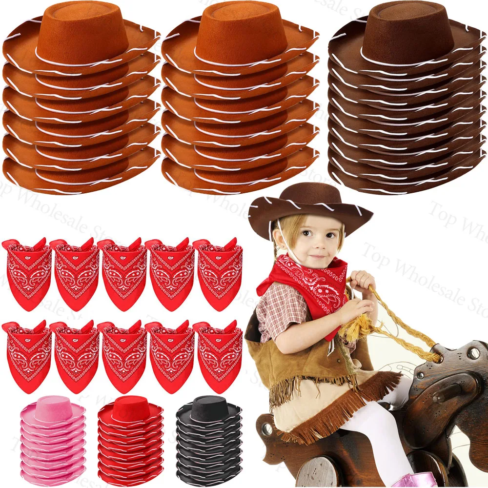6-24 Set Cappelli da cowboy e bandane sfusi per bambini Accessorio per costume cosplay per bambini a tema occidentale Prop per forniture per feste per bambini