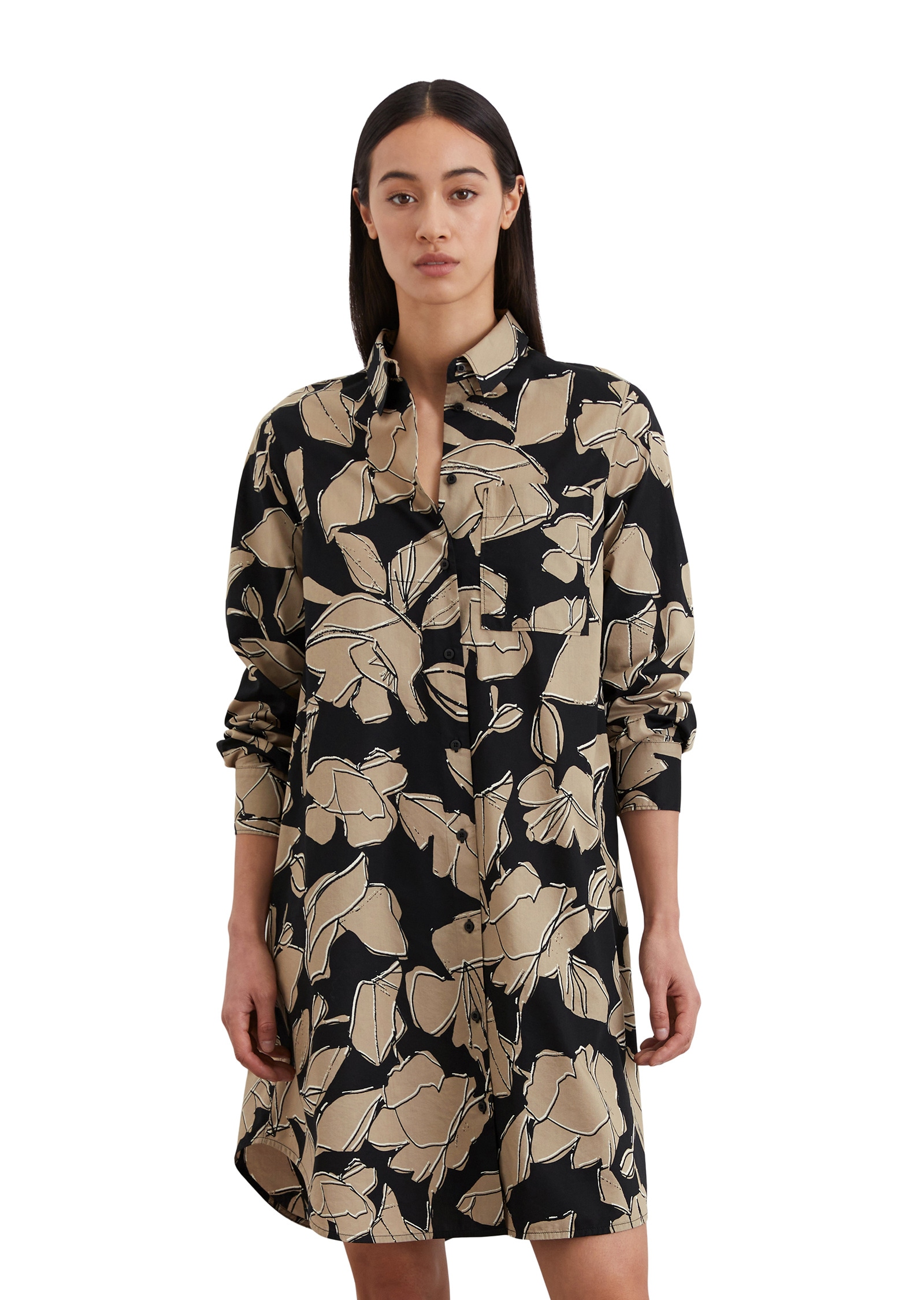 Hemdblusenkleid MARC O'POLO "mit TENCEL™ Lyocell", Damen, Gr. 38, Normalgrößen, bunt (me49), Obermaterial: 60% Baumwolle, 40% Lyocell; Futter: 100% Nicht verfügbar, bedruckt, relaxed fit knielang, Manschette, Kleider