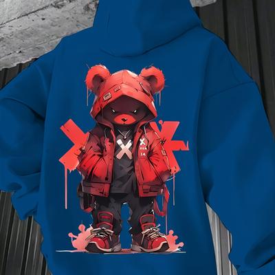 TEMU Men's Trendy Cool Hoodie - Gray Long Sleeve Pullover With Red Accents, Streetwear Style For Fall/winter, Comfortable Polyester , Machine Washable Image